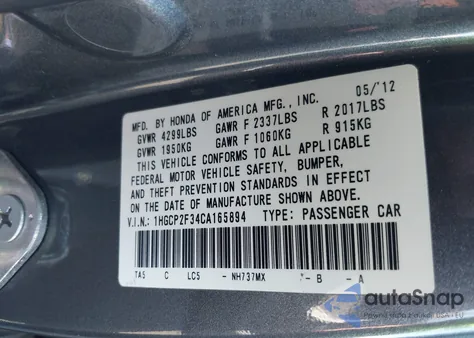2012 Honda Accord 2.4 Lx z USA, uszkodzony, nr VIN 1HGCP2F34CA165894